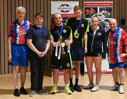 Robin Faulkner, Sam Gibbons, Jack Peters, Jonny Marshall, Vicky Cook, and Tommy Britton with BBS UK Showdown Championships medals and trophy.